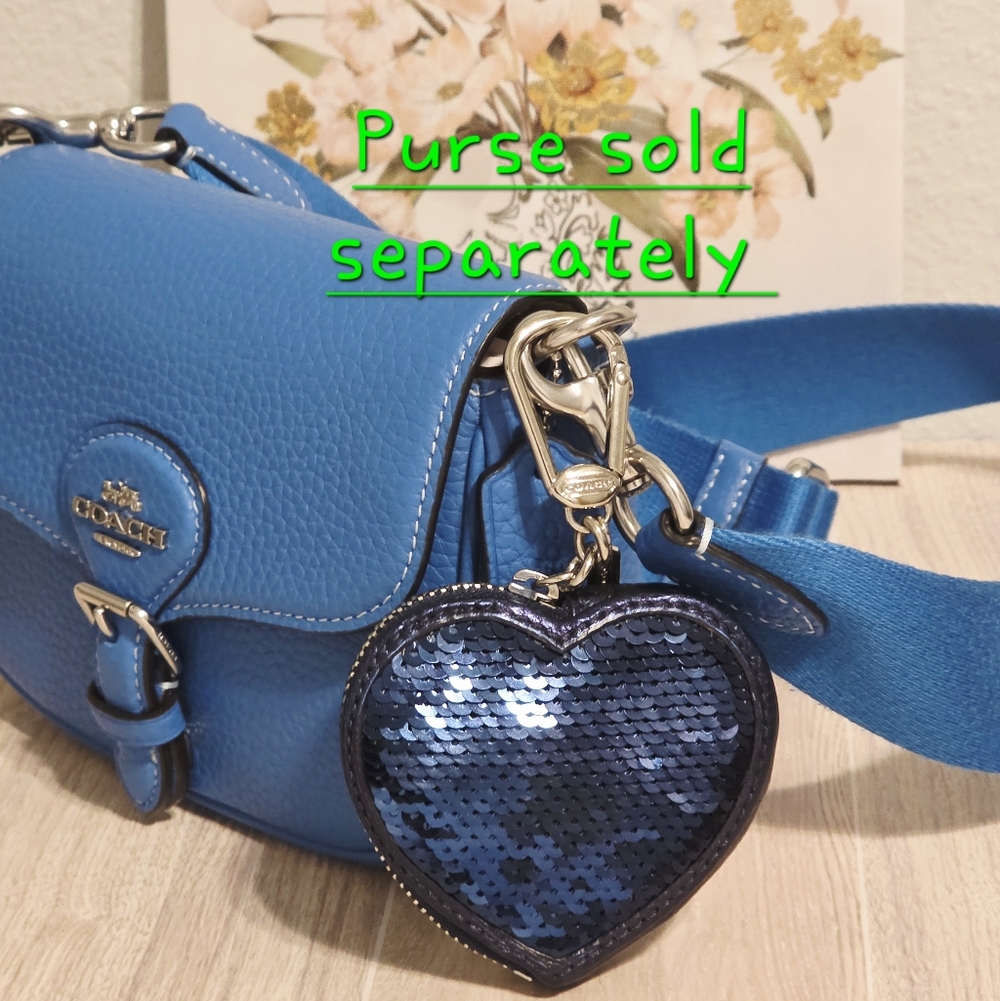 Coach Blue Love Heart Keychain Fob Charm 92748 Poppy Sequins - Picture 3 of 11